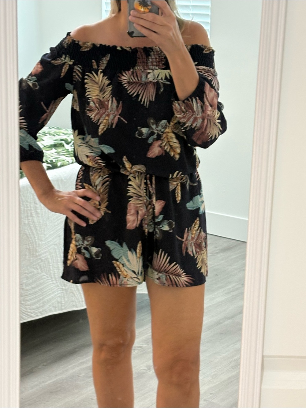 Off-Shoulder Black Tropical Print Romper